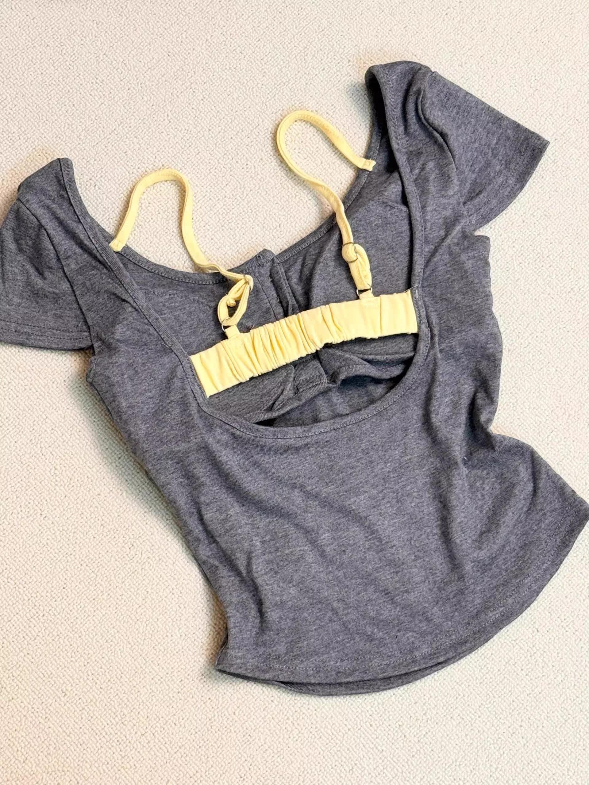 Pure Desire Floral Square Collar Shoulder Short-sleeved T-shirt Women's Summer With Chest Pad - Chic Angle